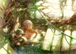 Rule 34 | 1girl, animal, bad id, bad pixiv id, bath, blue eyes, book, breasts, cleavage, elf, lily pad, long hair, original, plant roots, pointy ears, senni, smile, sunlight, tree, water, white hair