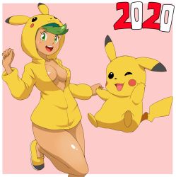 Rule 34 | 1girl, 2020, blush, breasts, creatures (company), dark skin, full body, game freak, gen 1 pokemon, green eyes, green hair, highres, hood, hoodie, long hair, looking at viewer, mallow (pokemon), medium breasts, naked hoodie, nintendo, no bra, pikachu, pokemon, pokemon (creature), pokemon sm, shoes, tof