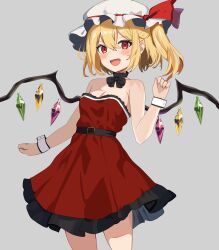 Rule 34 | 1girl, absurdres, bare shoulders, bat wings, blonde hair, breasts, crystal, dress, flandre scarlet, hat, hat ribbon, highres, medium breasts, mob cap, multicolored wings, neck ribbon, ody kishi, open mouth, red dress, red eyes, red skirt, ribbon, side ponytail, skirt, smile, solo, touhou, wings