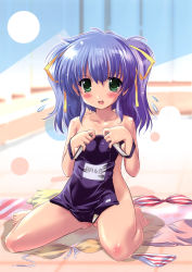 Rule 34 | 1girl, absurdres, bikini, blue eyes, blush, clothes in front, unworn clothes, green eyes, highres, holding, holding clothes, holding swimsuit, kneeling, komatsu eiji, name tag, nude, one-piece swimsuit, one-piece tan, ribbon, school swimsuit, smile, solo, swimsuit, unworn swimsuit, tan, tanline, twintails