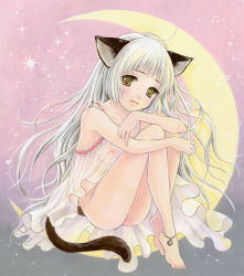 Rule 34 | 1girl, animal ears, anklet, babydoll, bad id, bad pixiv id, bare shoulders, barefoot, bottomless, breasts, brown eyes, cat ears, cat tail, crescent, crescent moon, face, feet, frills, hugging own legs, jewelry, legs, lingerie, lips, long hair, medium breasts, moon, nipples, original, see-through, sitting, smile, solo, tail, toyoda izumi, uncensored, underwear, very long hair, white hair