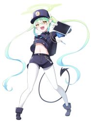 Rule 34 | 1girl, black footwear, black hat, black jacket, black shorts, black tail, blue archive, blush, boots, buttons, demon tail, double-breasted, fang, full body, gloves, green hair, green halo, halo, hat, nozomi (blue archive), highres, holding, jacket, koflif, long hair, long sleeves, looking at viewer, navel, open mouth, pantyhose, peaked cap, pointy ears, shorts, simple background, smile, solo, tail, twintails, white background, white gloves, white pantyhose, yellow eyes