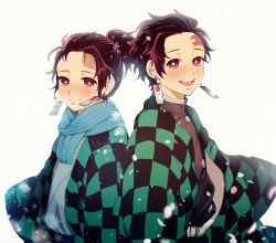 Rule 34 | 2boys, age comparison, arms at sides, back-to-back, belt, blue scarf, brown hair, checkered clothes, crying, demon slayer uniform, dual persona, earrings, feathers, from side, haori, japanese clothes, jewelry, kamado tanjirou, kimetsu no yaiba, kimono, long sleeves, looking at viewer, looking to the side, maga (chun), male focus, multiple boys, ponytail, red eyes, sash, scar, scar on face, scar on forehead, scarf, short hair, snowing, upper body, white background, wide sleeves, wind
