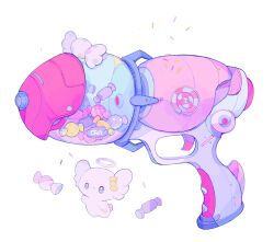 Rule 34 | candy, creature, food, highres, limited palette, no humans, original, pepparmint310, simple background, sprinkles, three quarter view, toy gun, weapon focus, white background, wrapped candy