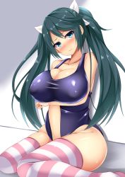 Rule 34 | 10s, 1girl, aqua hair, bare shoulders, blue eyes, blush, breasts, cleavage, curvy, covered erect nipples, hair ribbon, isuzu (kancolle), kantai collection, large breasts, long hair, looking at viewer, puffy nipples, sitting, solo, swimsuit, thighhighs, twintails, wide hips, yahiro (anhnw)