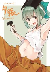 Rule 34 | 1girl, armpits, border, bow, character name, cowboy shot, green bow, green hair, grey background, hair bow, hammer, jumpsuit, kantai collection, looking at viewer, navel, open mouth, orange eyes, orange jumpsuit, ponytail, smile, solo, tank top, tied jumpsuit, two-tone background, u yuz xx, undershirt, welding mask, white border, yuubari (kancolle)