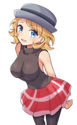 Rule 34 | 1girl, :d, arms behind back, bare shoulders, black shirt, black thighhighs, blonde hair, blue eyes, breasts, creatures (company), earrings, game freak, hat, highres, jewelry, looking at viewer, maho (corotonton5150), nintendo, open mouth, pokemon, pokemon (anime), pokemon journeys, red skirt, serena (pokemon), shirt, short hair, skirt, sleeveless, sleeveless shirt, smile, solo, thighhighs, turtleneck, turtleneck shirt, white background