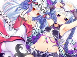 Rule 34 | 2girls, armpits, arms up, ass, blush, braid, breasts, covered erect nipples, groin, haku (p&amp;d), long hair, looking at viewer, midriff, multiple girls, navel, paw pose, purple eyes, puzzle &amp; dragons, red eyes, sho2, silver hair, skin tight, small breasts, tail, twin braids, very long hair, wrist cuffs, yin yang