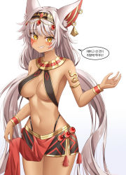 Rule 34 | animal ears, armlet, breasts, dark skin, facial tattoo, grey hair, grin, guardian tales, hairband, highres, ice witch lupina, korean text, long hair, looking at viewer, medium breasts, navel, official alternate costume, pikandong, revealing clothes, smile, speech bubble, tattoo, twitter username, white background, wolf ears, wolf girl, yellow eyes