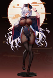 Rule 34 | 1girl, absurdres, alternate costume, black hat, black thighhighs, blue eyes, bodysuit, breasts, commentary request, full body, genshin impact, grey hair, hair bun, hair over one eye, hat, highres, jiangshi, large breasts, legs, looking at viewer, one eye covered, open mouth, pantyhose, pelvic curtain, qingdai guanmao, shan far, shenhe (genshin impact), smile, solo, standing, thighhighs, thighs, tongue, tongue out, wide sleeves