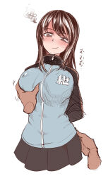 Rule 34 | 1girl, aomushi (mushamusha), aqua jacket, black skirt, black sleeves, blush, brown eyes, brown hair, closed mouth, girls und panzer, hand on another&#039;s ass, hand on another&#039;s chest, head tilt, highres, jacket, keizoku military uniform, long hair, looking at viewer, mika (girls und panzer), simple background, skirt, white background, zipper