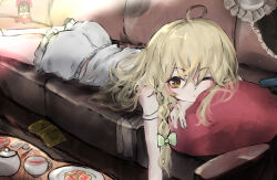 Rule 34 | 1girl, absurdres, blonde hair, bloomers, book, braid, character doll, cookie, couch, cross-shaped pupils, cup, food, hakurei reimu, highres, kirisame marisa, long hair, lying, on couch, on stomach, one eye closed, pillow, plate, semisigule, shirt, symbol-shaped pupils, teacup, teapot, touhou, underwear, white bloomers, white shirt, yellow eyes