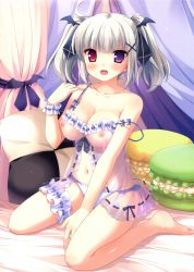 Rule 34 | 1girl, :d, absurdres, babydoll, barefoot, bed, bed sheet, blush, breasts, cleavage, curtains, covered erect nipples, food, full body, hair ornament, heterochromia, highres, ikegami akane, imouto no okage de mote sugite yabai, large breasts, looking at viewer, macaron, navel, nipples, open mouth, panties, pillow, purple eyes, red eyes, ribbon-trimmed underwear, ribbon trim, see-through, shiratori kanae, sitting, smile, solo, underwear, underwear only, wariza, white hair, white panties, x hair ornament