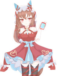 Rule 34 | 1girl, absurdres, animal ears, blush, breasts, brown hair, cellphone, closed mouth, commentary request, detached sleeves, hair between eyes, hair ornament, highres, holding, holding phone, horse ears, horse girl, horse tail, kudo (user dzch8572), long hair, looking at viewer, phone, red eyes, small breasts, solo, still in love (umamusume), tail, thighs, umamusume, veil, white background