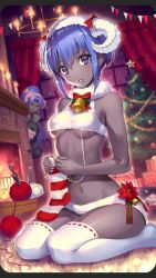 Rule 34 | 1boy, 2girls, assassin (fate/zero), bare arms, bare shoulders, basket, bauble, bell, black skin, blush, bow, bowtie, breasts, candle, cat, christmas ornaments, christmas tree, colored skin, commentary request, craft essence (fate), curtains, dark-skinned female, dark skin, fate/grand order, fate/prototype, fate/prototype: fragments of blue and silver, fate/stay night, fate/zero, fate (series), female assassin (fate/zero), fire, fireplace, forehead, fur collar, gift, hassan of serenity (fate), hassan of serenity (merry sheep) (fate), hassan of the cursed arm (fate), highres, horns, indoors, knitting, knitting needle, kunai, lips, looking at viewer, mask, medium breasts, multiple girls, navel, needle, nishimura eri, no shoes, panties, parted bangs, peeking out, ponytail, purple eyes, purple hair, red bow, red neckwear, ribbon-trimmed legwear, ribbon trim, sheep horns, sidelocks, sitting, socks, solo focus, stomach, striped clothes, striped legwear, striped socks, tareme, thighhighs, thighs, underboob, underwear, underwear only, wariza, weapon, white legwear, white panties, window