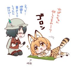 Rule 34 | 10s, 2girls, animal ears, backpack, bag, black gloves, black hair, blush, bucket hat, commentary request, closed eyes, gloves, hat, hat feather, kaban (kemono friends), kemono friends, lying, map, migu (migmig), motion lines, multiple girls, on side, open mouth, orange hair, pantyhose, red shirt, seiza, serval (kemono friends), serval print, serval tail, shirt, short hair, shorts, simple background, sitting, sparkle, striped tail, tail, thighhighs, translated, white background, yellow eyes
