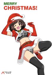 Rule 34 | 1girl, absurdres, acrux, akiyama yukari, artist name, bell, black thighhighs, blush, bra, breasts, brown hair, camouflage, camouflage bra, camouflage panties, christmas, collar, elbow gloves, girls und panzer, gloves, hat, highres, looking at viewer, medium breasts, midriff, miniskirt, navel, neck bell, one eye closed, open mouth, panties, red gloves, santa hat, short hair, simple background, skirt, smile, solo, thighhighs, underwear, v, white background