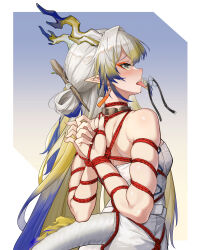 1girl absurdres applying_gag arknights arms_behind_back bdsm belt blonde_hair blue_eyes bondage bound choker from_below gag gagging grey_hair highres horns multicolored_hair piercing restrained ring_gag saliva shibari shibari_over_clothes shinebell shu_(arknights) sidelocks skindentation split-color_hair tail tongue tongue_out tongue_piercing tongue_piercing_gag