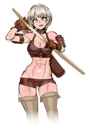 Rule 34 | 1girl, abs, archery, arm guards, arrow (projectile), bob cut, boots, bow (weapon), breasts, collar, cowboy shot, gloves, grey eyes, grey hair, highres, holding, holding bow (weapon), holding weapon, large breasts, looking at viewer, navel, nisetanaka, open mouth, original, short hair, shorts, solo, standing, thigh boots, weapon, white background