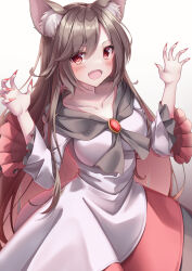 Rule 34 | 1girl, absurdres, animal ears, blush, brown hair, collarbone, dress, fang, fingernails, frilled sleeves, frills, highres, imaizumi kagerou, long fingernails, long hair, messiah &amp; crea, nail polish, open mouth, red dress, red eyes, red nails, sharp fingernails, smile, solo, tail, touhou, white dress, wide sleeves, wolf ears, wolf tail