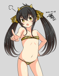 Rule 34 | 1girl, animal print, bad id, bad pixiv id, bare arms, bare shoulders, bikini, black hair, collarbone, commentary request, dated, fake horns, flo (guilty hearts), gluteal fold, grey background, groin, hair between eyes, hair ribbon, hairband, hand on own hip, highres, horns, idolmaster, idolmaster cinderella girls, long hair, matoba risa, navel, outstretched arm, pointing, pointing at viewer, print bikini, print ribbon, ribbon, sidelocks, signature, simple background, solo, strapless, strapless bikini, swimsuit, tiger print, twintails, very long hair, yellow eyes, yellow hairband
