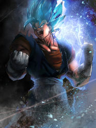 Rule 34 | 1boy, absurdres, blue hair, clenched hands, commentary request, dragon ball, dragon ball super, earrings, energy, gloves, greymon (nodoame1215), hands up, highres, huge filesize, jewelry, looking to the side, male focus, muscular, open mouth, orange shirt, sash, shirt, short sleeves, solo, spiked hair, super saiyan, super saiyan blue, teeth, tongue, vegetto, white gloves