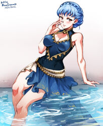 Rule 34 | 1girl, adapted costume, bare shoulders, blue hair, blue one-piece swimsuit, blush, braid, breasts, brown eyes, casual one-piece swimsuit, cleavage, cleavage cutout, clothing cutout, crown braid, fire emblem, fire emblem: three houses, fire emblem heroes, hand on own cheek, hand on own face, looking at viewer, marianne von edmund, medium breasts, mina cream, nintendo, one-piece swimsuit, open mouth, sarong, short hair, smile, solo, swimsuit, water