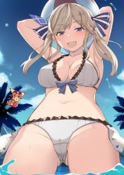Rule 34 | 10s, 1girl, bad id, bad twitter id, ball, beachball, bikini, blonde hair, blush, breasts, cameltoe, cleavage, cucouroux (granblue fantasy), from below, granblue fantasy, hair ribbon, highres, long hair, looking at viewer, navel, nuko (mikupantu), open mouth, purple eyes, ribbon, smile, solo, swimsuit, twintails, vyrn (granblue fantasy), wading, water