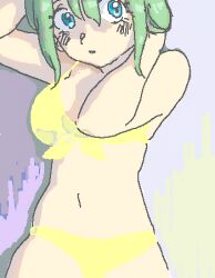 Rule 34 | 1girl, armpits, arms behind head, bikini, blue eyes, breasts, character request, cleavage, front-tie bikini top, front-tie top, green hair, highres, large breasts, legs, looking at viewer, navel, oekaki, solo, swimsuit, thighs, yellow bikini