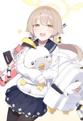 Rule 34 | 1girl, :o, animal bag, assault rifle, backpack, bag, black pantyhose, blue archive, blue sailor collar, blue skirt, blush, bullpup, cardigan, commentary request, hugging doll, enosan, gun, gun sling, halo, hifumi (blue archive), highres, light brown hair, long hair, long sleeves, looking at viewer, hugging object, pantyhose, pleated skirt, rifle, sailor collar, school uniform, skirt, sleeves past wrists, solo, standing, stuffed animal, stuffed chicken, stuffed toy, teeth, twintails, upper teeth only, weapon, white cardigan, yellow eyes