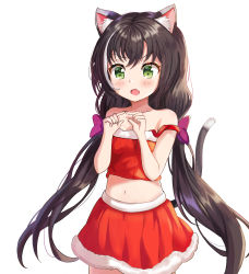 Rule 34 | 1girl, absurdly long hair, absurdres, aged down, animal ear fluff, animal ears, bad id, bad pixiv id, bare shoulders, black hair, bow, cat ears, cat tail, collarbone, commentary request, fang, fur-trimmed skirt, fur trim, green eyes, hair between eyes, hair bow, hair ribbon, highres, karyl (princess connect!), long hair, looking away, low twintails, midriff, multicolored hair, navel, pleated skirt, princess connect!, ribbon, sidelocks, simple background, skirt, solo, streaked hair, tail, twintails, two-tone hair, very long hair, white background, zeroillya