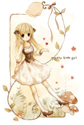 Rule 34 | 1girl, blonde hair, brown eyes, dress, english text, flower, heart, long hair, mikanniro, mushroom, original, solo