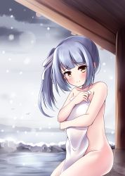 Rule 34 | 10s, 1girl, absurdres, asymmetrical hair, bird, blunt bangs, blush, brown eyes, building, closed mouth, cloud, cloudy sky, collarbone, day, eyelashes, hair ribbon, highres, kantai collection, kasumi (kancolle), long hair, looking at viewer, naked towel, nude, onsen, outdoors, raised eyebrows, ribbon, rock, silver hair, sitting, sky, snow, snowing, solo, soramuko, tareme, towel, water, white ribbon, winter, wooden ceiling