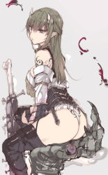 Rule 34 | 1girl, armor, armored corset, ass, bone, boots, detached sleeves, g-string, green eyes, green hair, highres, horns, lips, original, panties, pointy ears, sitting, skindentation, solo, tattoo, thigh boots, thighhighs, thong, touma kisa, underwear
