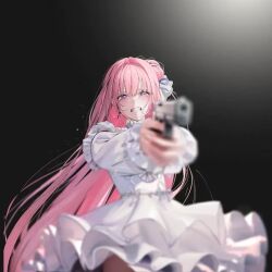 Rule 34 | 1girl, braid, crying, crying with eyes open, detached sleeves, dorothy (nikke), dress, frilled dress, frills, game cg, goddess of victory: nikke, gun, hair bun, holding, holding gun, holding weapon, layered dress, long hair, long sleeves, non-web source, off-shoulder dress, off shoulder, official art, pink hair, puffy long sleeves, puffy sleeves, purple eyes, short dress, simple background, spoilers, standing, tears, third-party source, very long hair, wavy hair, weapon, white dress