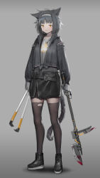Rule 34 | 1girl, absurdres, animal ears, belt, black belt, black footwear, black skirt, cat ears, closed mouth, full body, grey jacket, headband, heibaise jiangshi, highres, holding, holding weapon, hood, hood down, hooded jacket, jacket, jewelry, light smile, long sleeves, looking at viewer, medium hair, necklace, original, reverse grip, shoes, skirt, smile, solo, split mouth, tail, thighhighs, weapon, yellow eyes