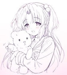 Rule 34 | 1girl, akina tsukako, clannad, ichinose kotomi, long hair, looking at viewer, monochrome, open mouth, solo, stuffed animal, stuffed toy, tagme, teddy bear, upper body