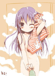 Rule 34 | 1girl, bath, blush, breasts, censored, completely nude, convenient censoring, long hair, looking at viewer, medium breasts, nude, one eye closed, original, purple hair, saxyun, solo, standing, steam, towel