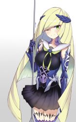Rule 34 | 1girl, armor, blonde hair, blush, brynhildr (fate), brynhildr (fate) (cosplay), cosplay, creatures (company), fate/grand order, fate/prototype, fate/prototype: fragments of blue and silver, fate (series), game freak, gauntlets, gradient background, green eyes, hair over one eye, highres, holding, holding weapon, i.f.s.f, long hair, look-alike, looking at viewer, lusamine (pokemon), mature female, nintendo, one eye closed, pokemon, pokemon sm, polearm, smile, solo, spear, very long hair, weapon