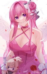 Rule 34 | absurdres, angel wings, bare shoulders, blonde hair, braid, breasts, character doll, cleavage, collarbone, dorothy (nikke), dorothy (nostalgia) (nikke), dress, feathered wings, flower, goddess of victory: nikke, grin, hair bun, hair ribbon, halter dress, halterneck, highres, large breasts, long hair, looking at viewer, nail polish, official alternate costume, petals, pink dress, pink hair, pink nails, pinne (nikke), purple eyes, red flower, red rose, ribbon, rose, shaivify, smile, twitter username, white ribbon, white wings, wings