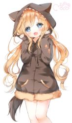 Rule 34 | 1girl, animal hood, bare legs, blue eyes, blush, brown hoodie, commentary request, cowboy shot, drawstring, fang, hands up, highres, hood, hood up, hoodie, long hair, long sleeves, moco ofuton, orange hair, original, simple background, skin fang, smile, solo, twintails, very long hair, white background