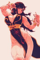 Rule 34 | 1girl, absurdres, alternate costume, bare legs, bare shoulders, black dress, black nails, bracelet, braid, breasts, brown eyes, brown hair, capcom, china dress, chinese clothes, chun-li, cleavage, clenched hand, commentary, contrapposto, cowboy shot, dress, female focus, floating hair, grin, groin, highres, jewelry, korean commentary, large breasts, long hair, looking at viewer, muscular, muscular female, official alternate costume, official alternate hairstyle, pelvic curtain, pixel art, sash, serious, shiny skin, simple background, smile, solo, spiked bracelet, spikes, spoiledmuffin, standing, street fighter, street fighter v, thick thighs, thighs, twin braids, very long hair, white background