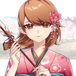 1girl arrow_(projectile) blue_sky border brown_eyes brown_hair cherry_blossoms closed_mouth commentary earrings flipped_hair floral_print floral_print_kimono flower hair_flower hair_ornament highres holding holding_arrow japanese_clothes jewelry kimono looking_at_viewer new_year niaoju1010 official_alternate_costume outdoors outside_border persona persona_3 persona_3_reload pink_kimono pink_lips print_kimono short_hair sky smile solo stud_earrings takeba_yukari upper_body white_border