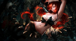 Rule 34 | 1girl, ambiguous red liquid, animal, arm behind back, arm up, bare shoulders, bare tree, bird, black pantyhose, black skirt, blood, blue eyes, blurry, breasts, broken, broken finger, bullet, bustier, cleavage, collarbone, cowboy shot, depth of field, diamond (shape), disembodied limb, eyelashes, floating, floating hair, floating object, forest, front-tie top, groin, hair over one eye, hat, highres, injury, kiyomasa ren, large breasts, league of legends, light particles, lips, long hair, looking at viewer, microphone, midriff, miss fortune (league of legends), motion blur, nature, navel, one eye covered, orange hair, out of frame, outdoors, pantyhose, plant, pointing, red hair, ribbon-trimmed clothes, ribbon trim, see-through, shell casing, skirt, skull, splatter, stomach, strap slip, tree, very long hair, vines