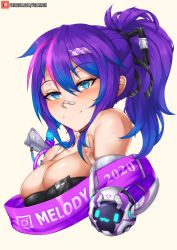 Rule 34 | 1girl, artist name, bandaid, bandaid on face, bandaid on nose, bare shoulders, blue eyes, blue hair, breasts, character name, cleavage, highres, indie virtual youtuber, large breasts, long hair, melody (projektmelody), multicolored hair, pink hair, ponytail, purple hair, smile, solo, sweat, upper body, velminth, virtual youtuber, vshojo, white background