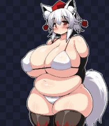 Rule 34 | 1girl, adapted costume, animal ears, arms behind back, belly, bikini, blush, breasts, checkered background, cleavage, elbow gloves, eyebrows hidden by hair, fat, gloves, hat, huge breasts, inubashiri momiji, kyosuke fujiwara, looking at viewer, navel, pixel art, plump, red eyes, short hair, solo, standing, swimsuit, tail, thick thighs, thighhighs, thighs, tokin hat, touhou, underboob, white hair, wide hips, wolf ears, wolf tail