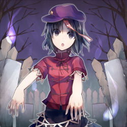 Rule 34 | 1girl, :o, bare tree, black skirt, cowboy shot, graveyard, hat, head tilt, jiangshi, looking at viewer, miyako yoshika, ofuda, open mouth, outstretched arms, purple hat, short hair, short sleeves, skirt, solo, star (symbol), tare nu (usesase), tombstone, touhou, tree, zombie, zombie pose