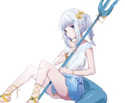 Rule 34 | 1girl, absurdres, dress, gawr gura, gawr gura (party dress), haskyyyyy1, highres, hololive, hololive english, polearm, sandals, simple background, solo, tagme, tail, trident, virtual youtuber, weapon, white background