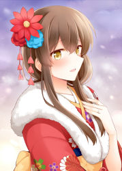 Rule 34 | 1girl, :d, akagi (kancolle), blush, brown hair, commentary request, floral print, flower, fur trim, hair flower, hair ornament, hand on own chest, japanese clothes, jewelry, kantai collection, kimono, long hair, looking at viewer, muneate, open mouth, red kimono, revision, ring, rui shi (rayze ray), smile, solo, upper body, wedding band