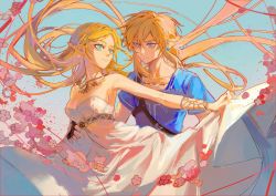 Rule 34 | 1boy, 1girl, aqua eyes, bare shoulders, binxngchng1, blonde hair, blue background, blue eyes, blue tunic, bracer, breasts, cleavage, clothes lift, cowboy shot, dress, dress lift, earrings, flower, hair between eyes, hand on another&#039;s waist, highres, jewelry, link, long dress, long hair, looking at another, looking back, low ponytail, medium breasts, medium hair, nintendo, outstretched arm, parted bangs, pink flower, pointy ears, princess zelda, shirt, sideboob, sidelocks, strapless, strapless dress, the legend of zelda, the legend of zelda: breath of the wild, white dress, white shirt